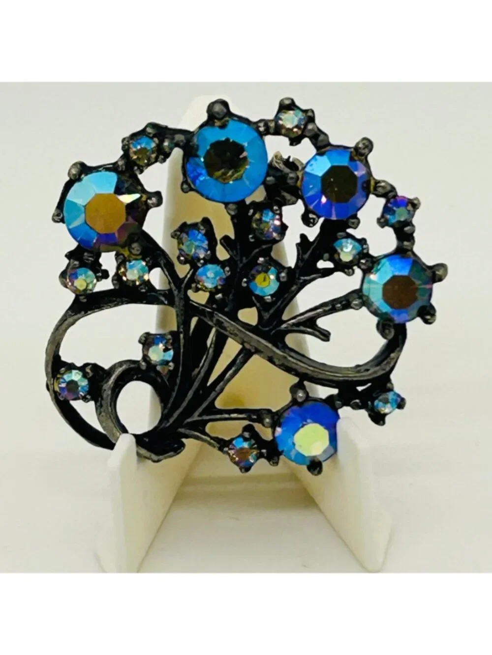 Vintage Aurora Borealis Rhinestone Brooch Peacock Colored Pin Gunmetal
